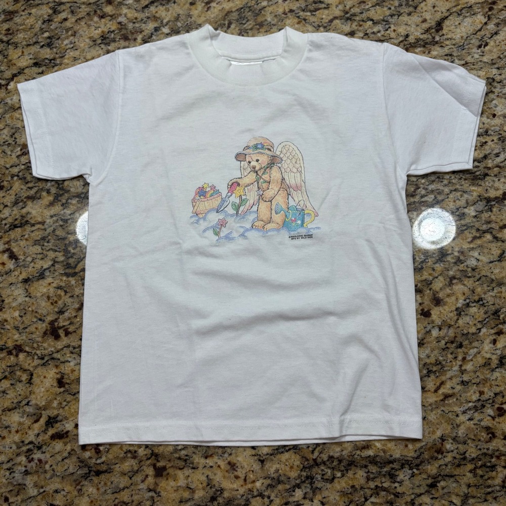 Vintage Hanes Marjorie Sarnat Angel Teddy Bear T-Shirt White Youth S 6-8 v